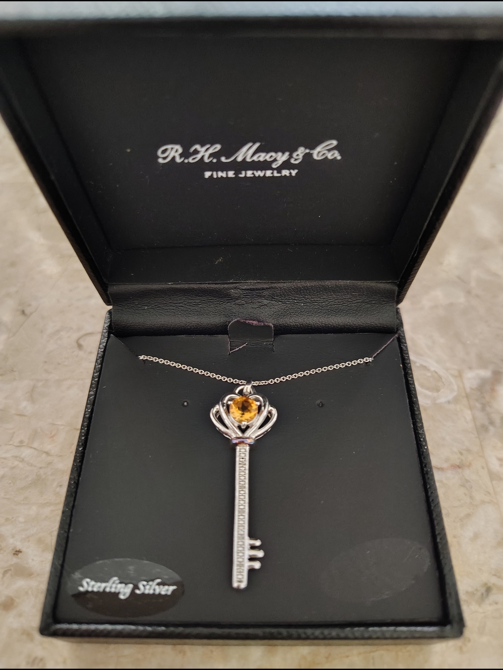 Macy's Sterling Silver Key Necklace with Amber Heart Stone